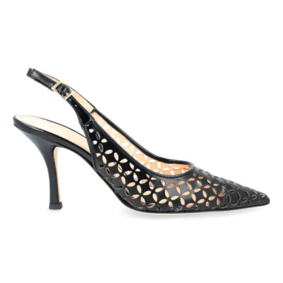 Slingback in Pelle Spazzolato Nero e Laserato